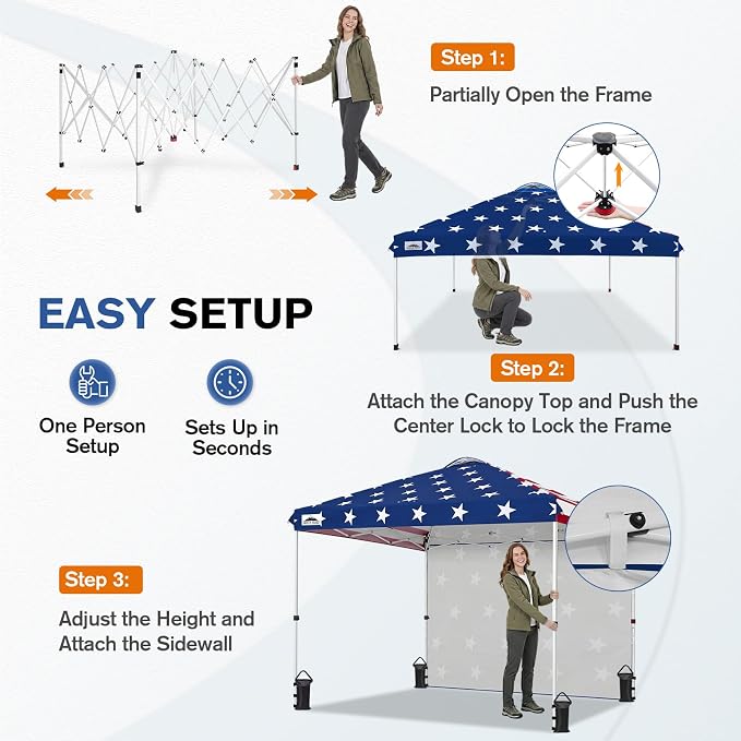 EAGLE PEAK Commercial Canopy 10x10 Pop Up Canopy Tent with 1 Sidewall, Easy Setup Heavy Duty Instant Event Shelter for Vendors & Markets, Outdoor Sun Shade, American Flag