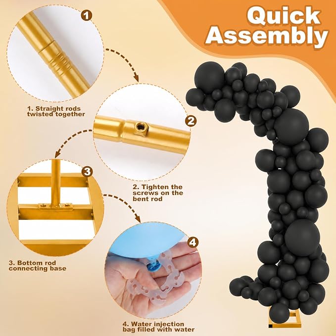 Balloon Arch Stand Kit Set with 145PCS Different Sizes Black Balloons – Metal Wedding Backdrop Frame with 8 Water Bags, Gold Semi-Open Arch for Birthday, Party Decorations Indoor Outdoor.