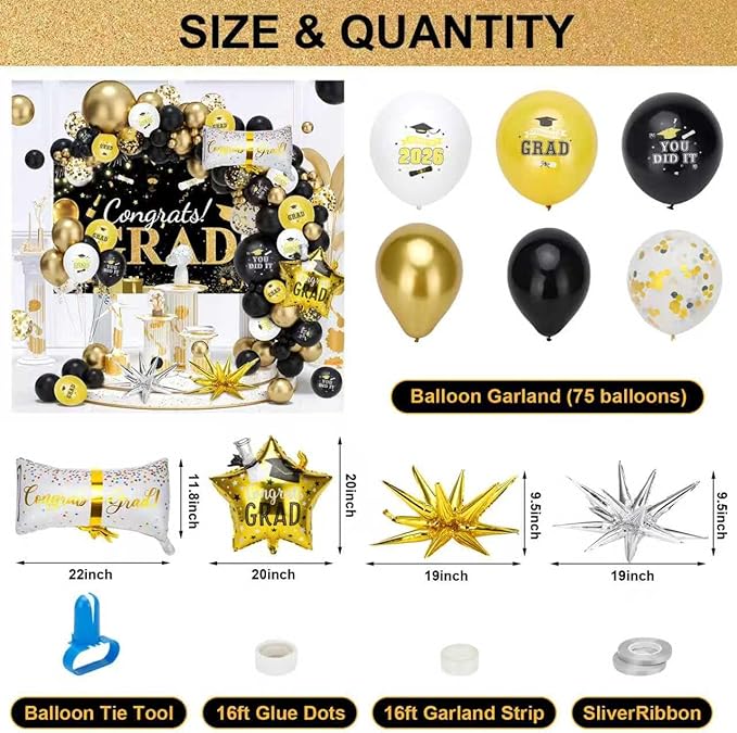 2026 Graduation Party Decorations Kit - 280 Pcs Black Gold Graduation Party Supplies Include Plates, Napkins,Cups, Straws,Tablecloth,Balloon Garland Congrats Grad Backdrop for 25 Guests