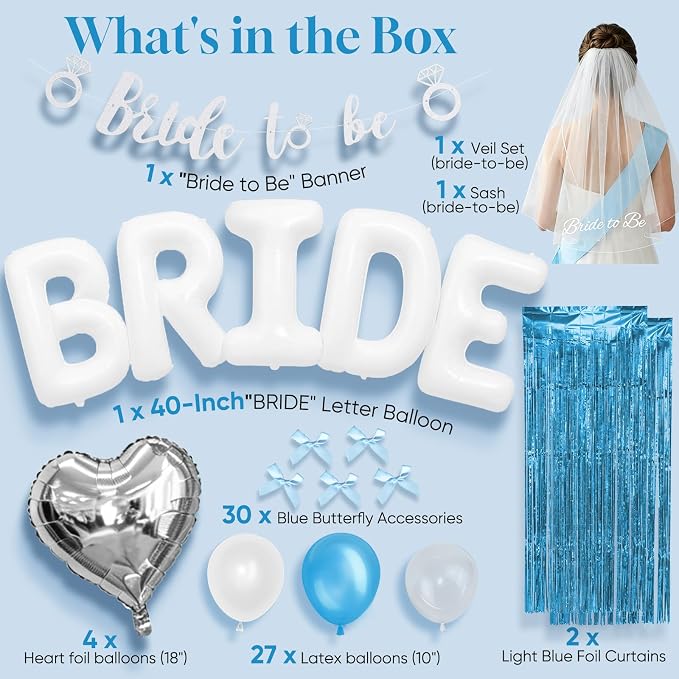 Bachelorette Party Decorations, Light Blue Bridal Shower Decor Set with 40" Bride Balloons, White Sash, Veil, Foil Curtains, Banner & 30pcs Blue Butterflies for Beach Coast Lake Party