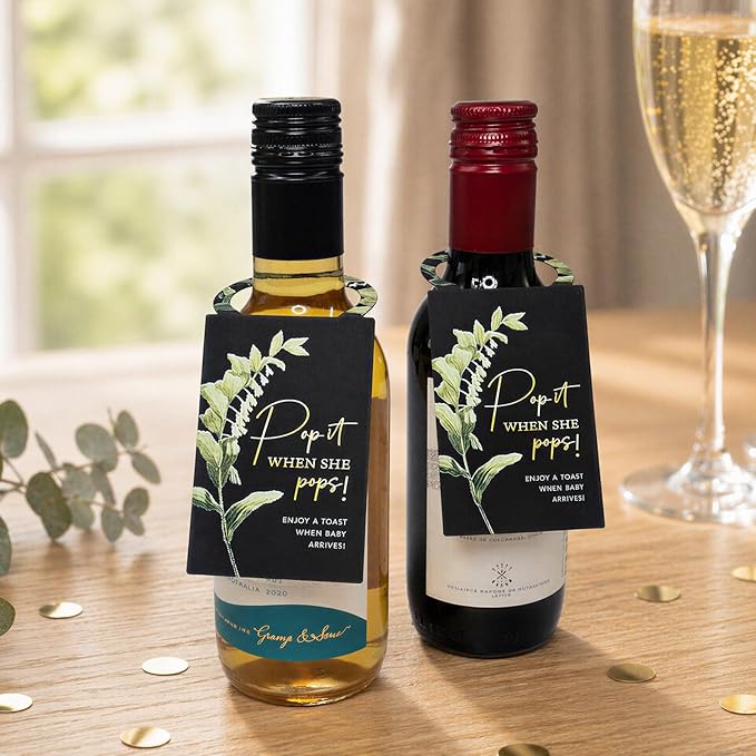 Summer-Ray 50pcs Pop it When She Pops Mini Champagne Baby Shower Tags Wine Bottle Tags (Black)