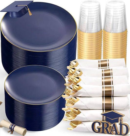 KIRE 350Pcs Blue and Gold Plates -Heavy Duty Navy Blue Dinnerware Set - 100 Plastic Plates 50 Pre Rolled Napkins with Gold Plastic Silverware 50 Cups for Birthday/Wedding/Parties/Graduation