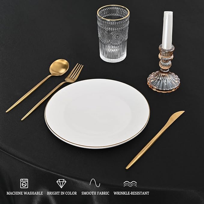 12 Pack 120 Inch Round Tablecloth, Black Satin Fabric Table Cloth for Round Tables, Wrinkle Resistant Washable TableCover Bright Silk Table Clothes for Wedding Party Dining Tables Banquet