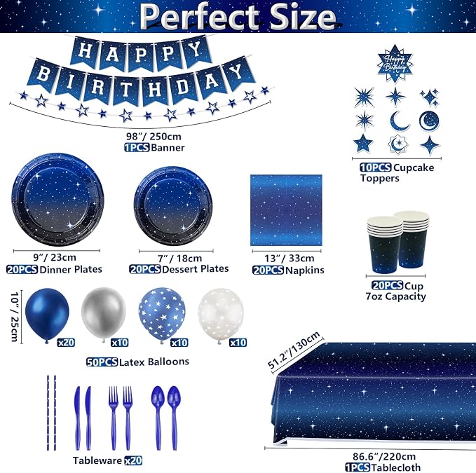 221 Pack Space Galaxy Party Supplies Ramadan Decoration Starry Night Tableware Set Space Birthday Banner Star Garlands Outer Tablecloth Galaxy Planet Themed Birthday Party Decorations Serves 20