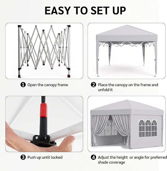 KIGOTY 10x10 FT Portable Pop Up Canopy Tent, Adjustable Height Instant Gazebo with Sidewalls, One-Push Setup Outdoor Canopy for Camping, Parties, Vendor Events (White, 3m × 3m)