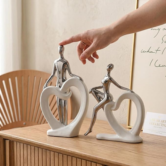 Ceramic Statues Aesthetic Abstract Couple and Heart Sculpture Modern Home Decor Decorative Statue for Living Room Bedroom Bookshelf Table Centerpiece Office (White and Silver)