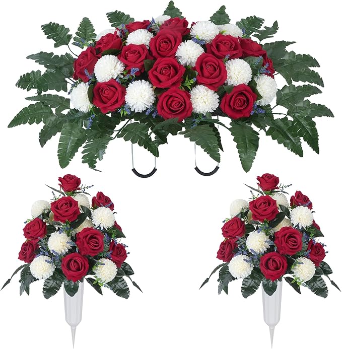 Artificial Cemetery Flower Headstone Flower Saddle 2 Chrysanthemum Rose Bouquets with Vase Memorial Flowers Grave Saddles for Headstone Outdoor Grave Tombstone Decor (Red White)