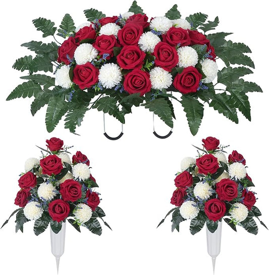 Artificial Cemetery Flower Headstone Flower Saddle 2 Chrysanthemum Rose Bouquets with Vase Memorial Flowers Grave Saddles for Headstone Outdoor Grave Tombstone Decor (Red White)