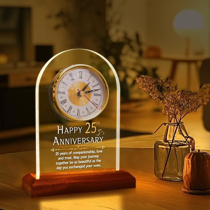 OkiyiD Light Up 25th Anniversary Wedding Gifts Quartz Clock with Wooden Base,25 Years Silver Wedding for Couple,Parents,Soft Warm White Lighting 25th Anniversary Decoration Gifts