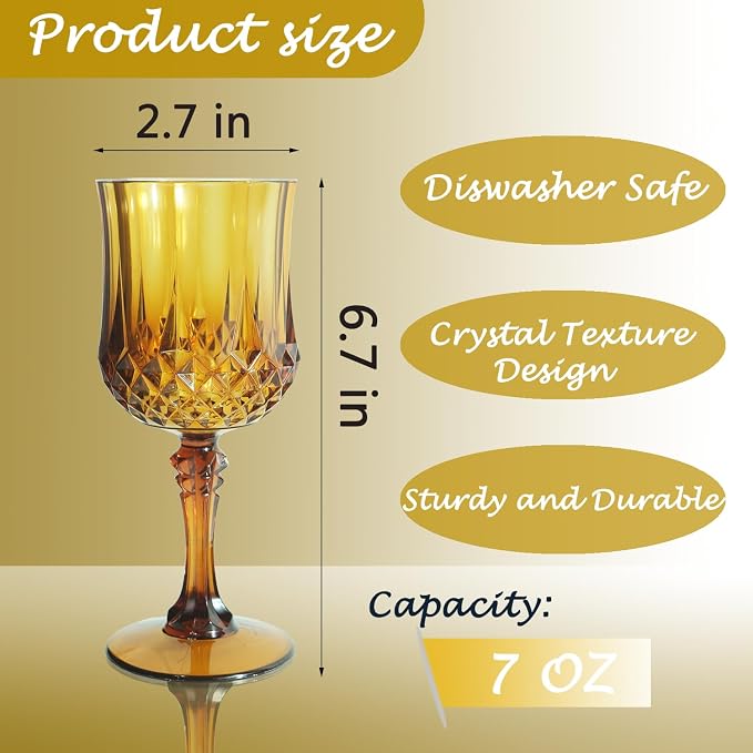 Plastic Wine Glasses, Plastic Goblets Vintage Style Cordial Unbreakable Drinking Glasses,Reusable Drinkware for Wedding Reception, Grand Event Party Supplies (12, Amber)