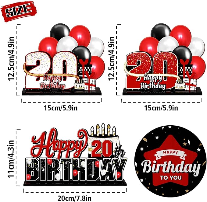 LINGTEER Happy 20th Birthday Red Acrylic Table Topper Centerpieces Set - Cheers to Twenty Years Old Birthday 20th Bday Party Gift Decorations.