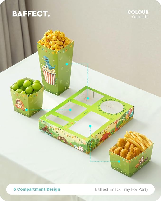 Baffect Movie Night Snack Trays 120pcs, Include 20 Dinosaur Party Snack Trays, 20 Popcorn Boxes, 20 Salad Bowls, 20 Nacho Bowls, 20 Invitations & 20 Party Favors (Green)