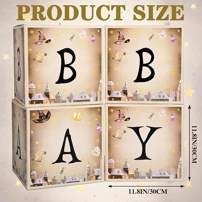AmazingSpark 4 Pcs Magical Wizard Baby Shower Boxes with Letters Magical Wizard Theme Candy Box Decor with Letters Blocks Baby Shower Centerpiece for Party Backdrop