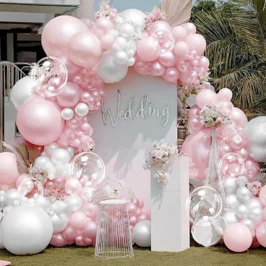 Pearl Pink White Balloon Arch Double Stuffed Pastel Light Pink White Cream Balloon Garland Kit with Bobo Balloons for Birthday Women Mother's Day Wedding Bridal Baby Shower Bachelorette Party Decor