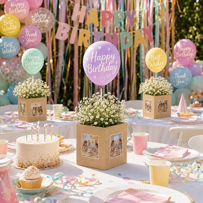 Cinrobiye 12 Pcs Wedding Table Centerpiece Boxes with Artificial Baby's Breath Flowers,Balloons,and Ribbon,DIY Photo Display Floral Table Decorations for Wedding Reception Engagement Bridal Shower