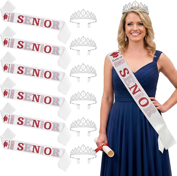 Janinka 6 Pcs Senior Sash 2026 Graduation Satin Sash with Glitter Letter Silver Crown Tiaras Cheer 2026 Gifts for Graduation Party Cheerleader Prom Photos Celebration(Red)