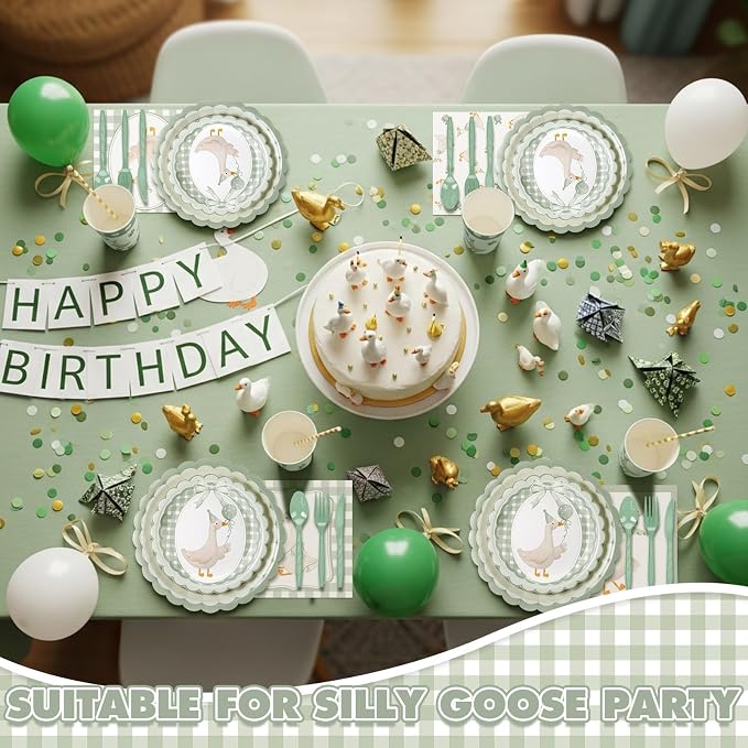Zhehao 350 Pcs One Silly Goose Birthday Party Tableware Set Sage Green Bow Scalloped Baby Shower Plates Cup Napkins Forks for Birthday Party Decorations Supplies for 50 Guests