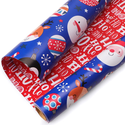 Ribbli Blue Christmas Wrapping Paper Reversible Cute Christmas elements Gift Wrapping Paper Rolls for Kids Holiday Presents Decoration-17 Inch x 33 Feet