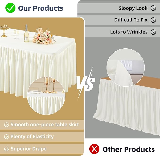PARTISKY 1 Pack Ivory Tablecloths for Rectangle Tables 4ft, Wrinkle Resistant Spandex Table Cover Fitted Stretch Table Cloth with Pleated Ruffle Skirts for Party Banquet Dining Birthday Wedding