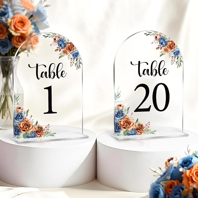 Navy & Burnt Orange Wedding Acrylic Table Number 1-20 with 20Pcs Stands, 5"x7" Floral Elegant Place Card Centerpiece Decorations for Indoor Outdoor Wedding Bridal Shower Anniversary