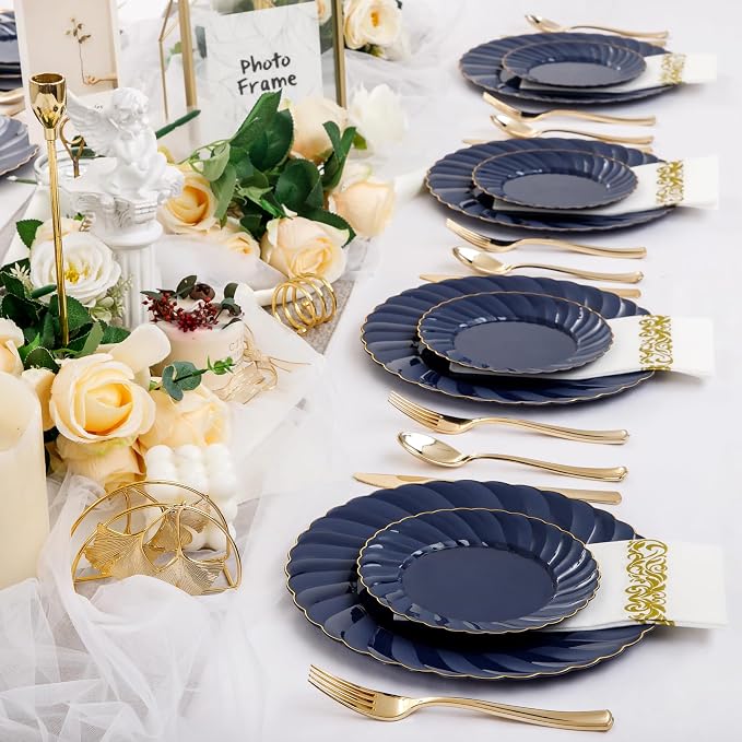 YOUBET 150PCS Blue Plastic Plates - Gold Plastic Silverware - Heavy Duty Navy Blue Disposable Plates include 50 Plates, 25 Forks, 25 Knives, 25 Spoons, 25 Napkins for Wedding Birthday Parties