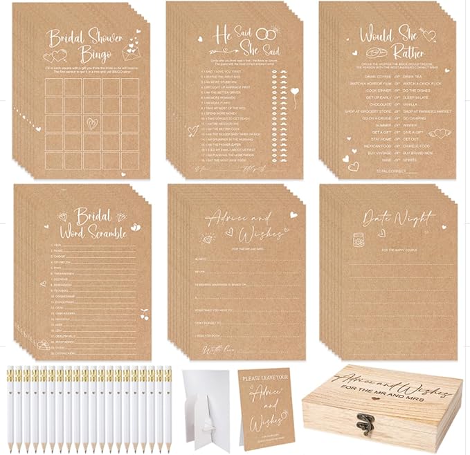 Silipull Bridal Shower Games Set for 50 Guests Includes Bingo, He Said She Said, Scramble, Would She Rather, Advice and Wishes Wedding Games Double Sided with Wooden Box, 20 Pencils (Kraft)