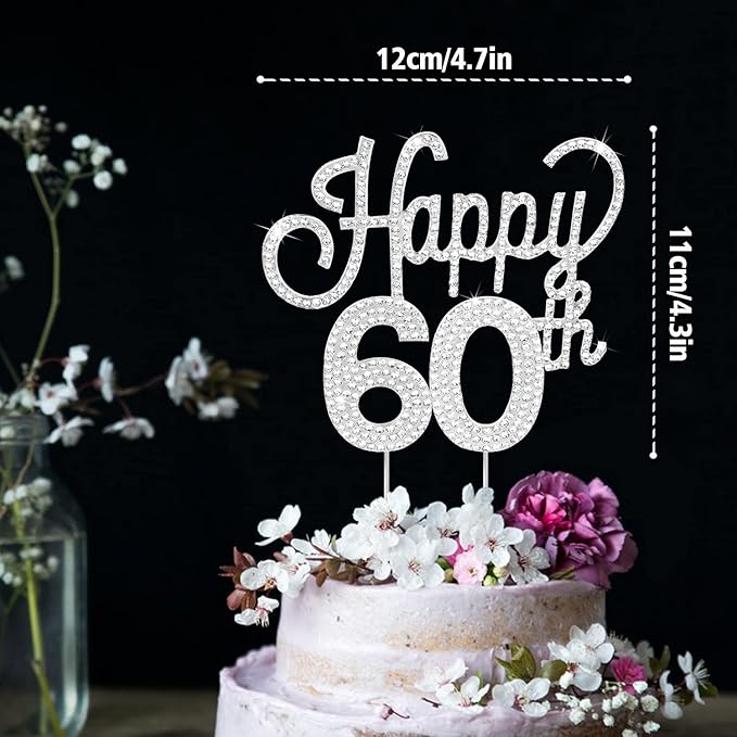 LINGTEER Happy 60th Birthday Silver Rhinestone Cake Topper - Cheers to 60th Birthday Sixty Years Old Anniversary Party Cake Centerpieces Topper Decorations Gift Sign.