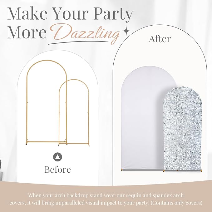 White and Silver Arch Covers 7.2 and 6FT Sequin Arch Backdrop Cover Set of 2, Spandex Fitted Bling Sequin Arch Stand Covers for Birthday Party Ceremony Baby Shower Banquet Decoration