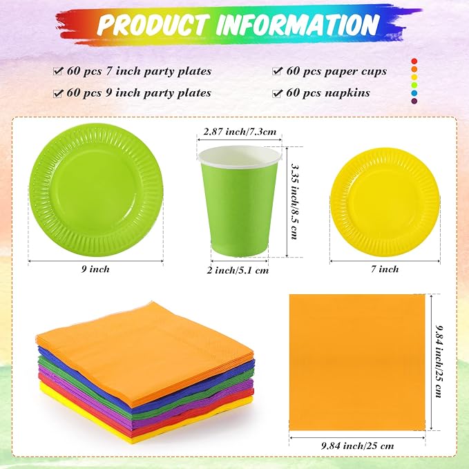 Geosar 240 Pieces Rainbow Party Tableware 60 Set Colorful Paper Plates and Napkins 9oz Paper Cups Complete Pack Disposable Dinnerware Set for Rainbow Birthday Party Decorations Supplies(Bright Color)