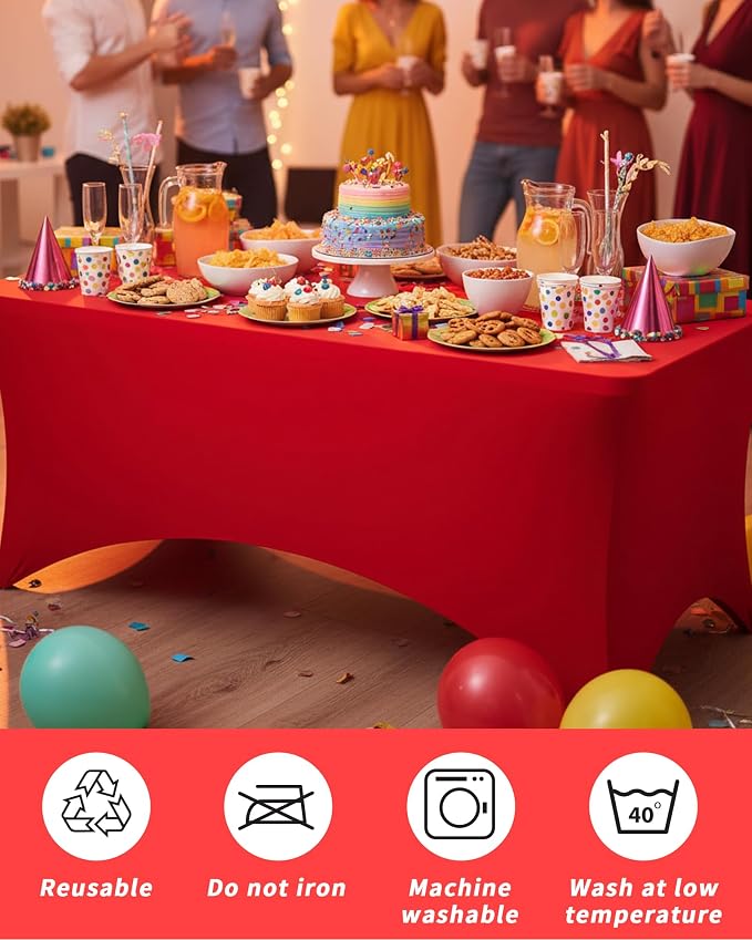 Fixwal Red Stretch Table Cloth Rectangle 2 Pack 6Ft, Spandex Fitted Table Covers Washable for Party, Trade Show, Banquet, Wedding, Buffet