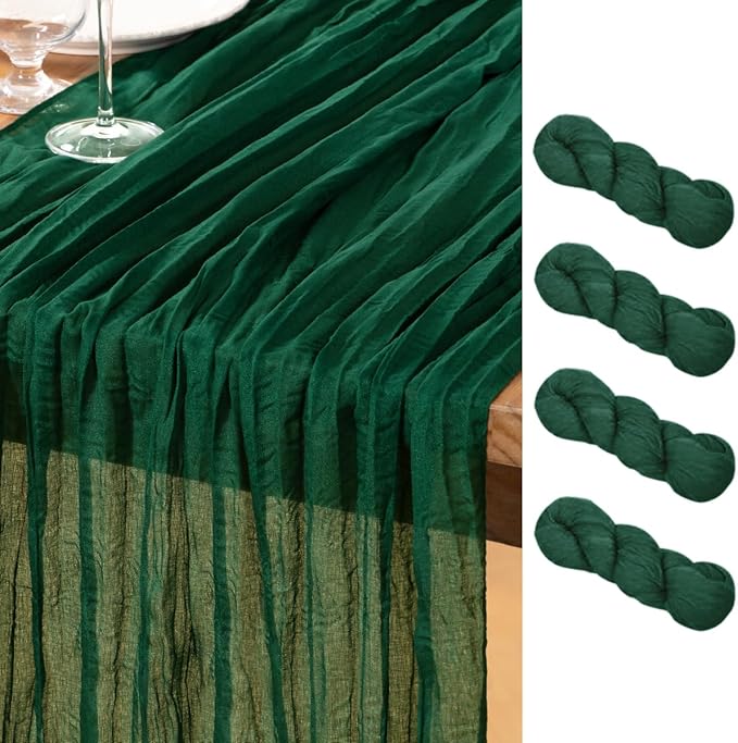DeZerlor Emerald Green Cheesecloth Table Runner 4 Pack Spring Easter Table Runners Boho Gauze 120 Inches Cheese Cloth Table Decor for Wedding Bridal Baby Shower Parties