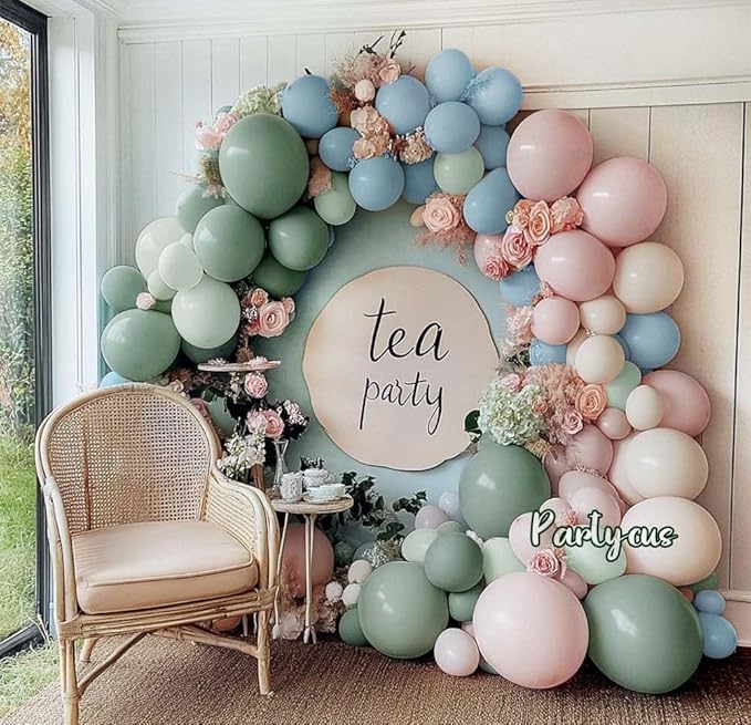 Dusty Green Pink Blue Balloon Arch Double Stuffed Pastel Pink Dusty Blue Light Sage Green White Latex Balloon Garland Kit for Boho Baby Shower Birthday Gender Reveal Tea Valentine Party Decoration
