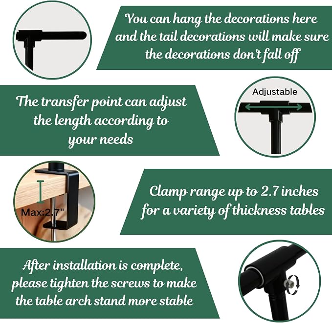 Beyeutao Over The Table Rod Stand with Clamps Adjustable 16"-87" Length 16"-45" Height Black Double Crossbar Table Arch Stand Metal Table Balloon Arch for Photo Booth Party Decoration