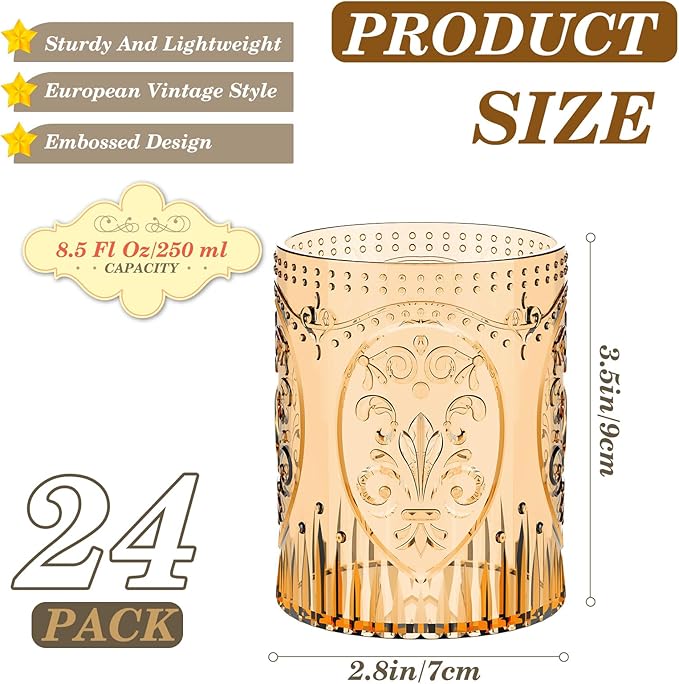 Qinyoung 24 Plastic Vintage Drinking Glasses 8.5oz Stemless Retro Embossed Wine Glasses Shatterproof Reusable Cups for Baby Shower Wedding Reception Grand Event Party (Yellow)
