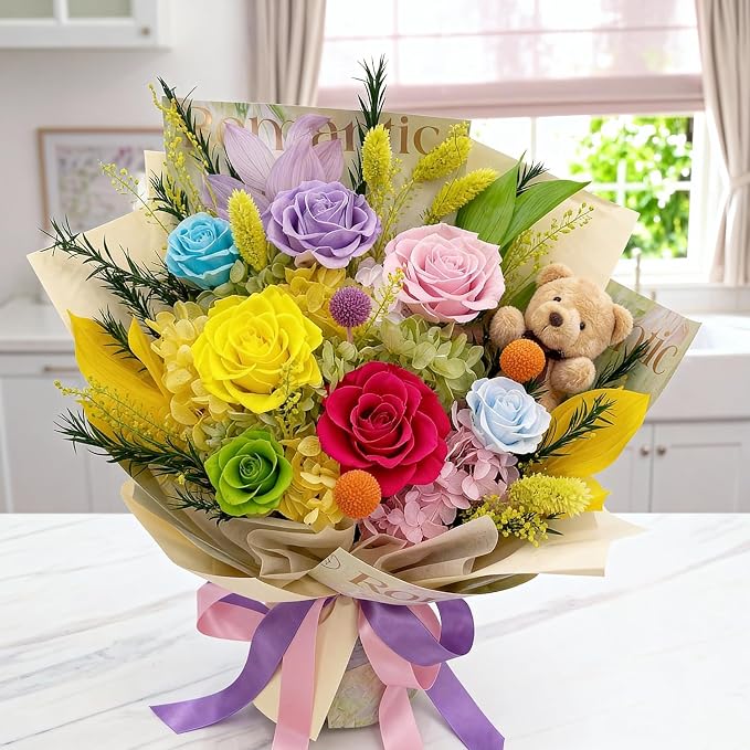Preserved Bouquet with Bear: Big Flowers Big Love-Romantic Graduation Gifts for Her-Daughter Girlfriend Wife Mom-Flowers for Delivery Prime on Birthday Valentines Anniversary (Dopamine 1)