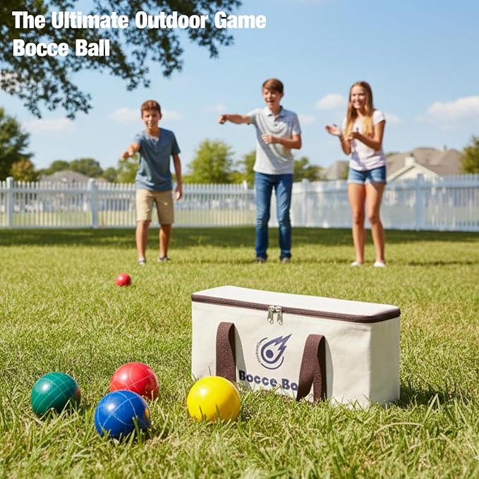Bocce Ball Set 90mm (Regulation Size & Weight), 8 Resin Bochi Balls, Includes Pallino, Carrying Bag & Measuring Rope, Outdoor Sports Game for Family Backyard, Lawn, Cour t& Beach (2-8 Players)