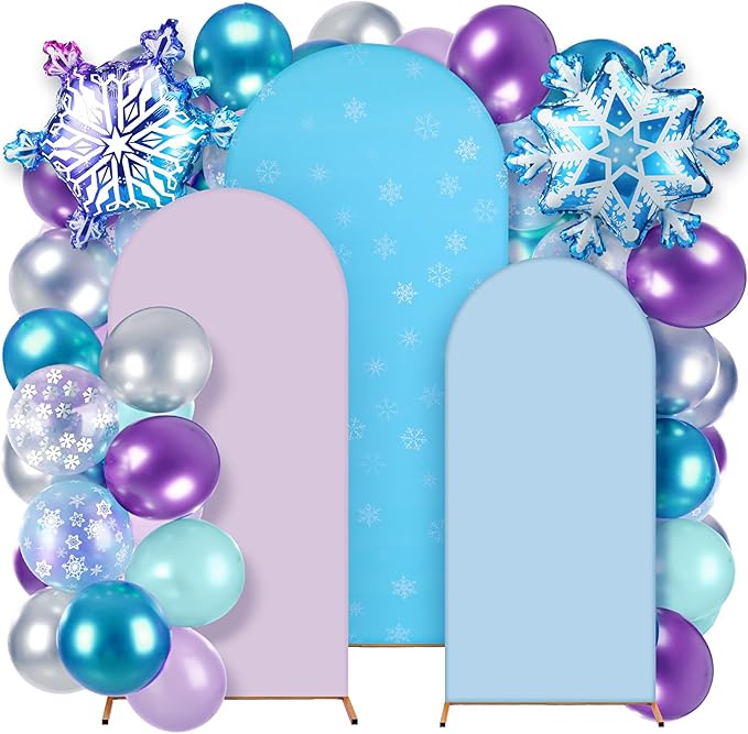 Foilswirl 34 Pcs Winter Party Wonderland Decorations 4ft 5ft 6ft Snowflake Arch Backdrop Covers Wonderland Spandex Arch Backdrop Blue Purple Balloon for Winter Birthday Princess Themed Party Decor