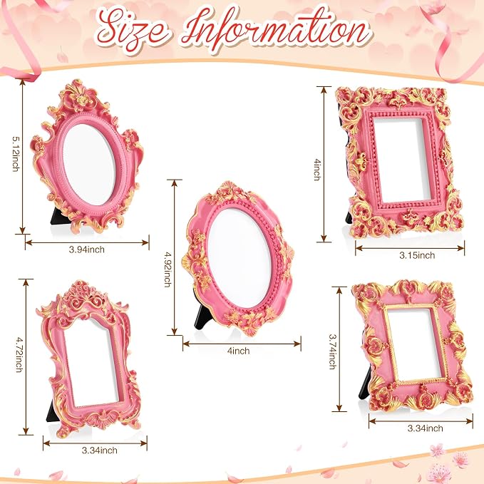 Maitys 5 Pcs Mini Picture Vintage Frames with Stands Tiny Antique Photo Baroque Ornate Resin Oval Frame Table Top Display Home Wedding Decor (Pink Gold)