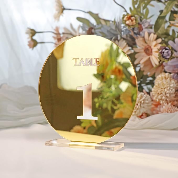 Acrylic Wedding Table Numbers 1-25 with Stands,4.8"Round Mirror Gold Table Number Signs and Holders for Wedding Reception, Party, Event, Centerpiece Decoration