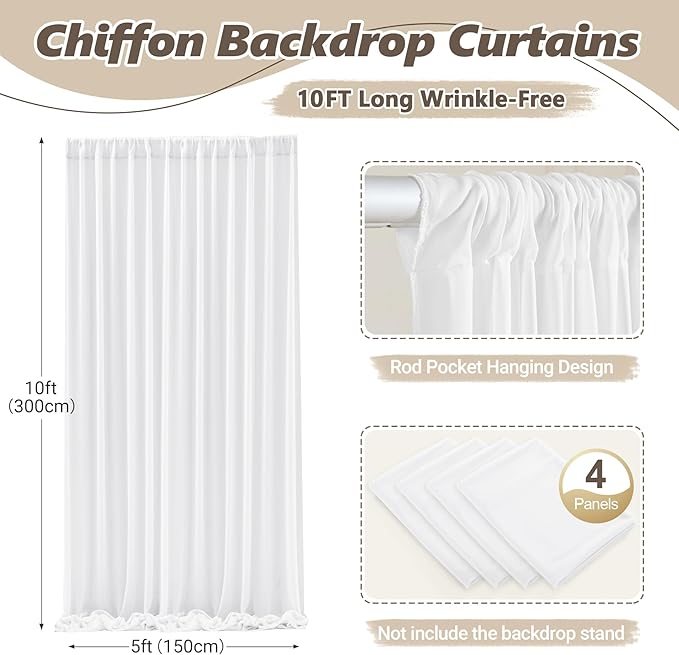 20ft x 10ft Cream White Backdrop Curtains, Wrinkle-Free Sheer Chiffon Fabric Photo Backdrop Drapes for Wedding Arch Party Ceremony Stage Photography Decorations