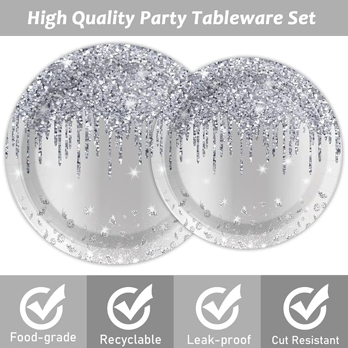 96 Pieces Silver Glitter Party Tableware Set for Denim and Diamonds Party Decorations Silver Plates and Napkins Forks Glitter Diamonds Theme Birthday Table Decorations for 24 Guests Parties Supplies