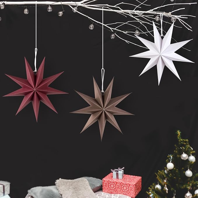 SUNBEAUTY 3 Pcs 9-Pointed Brown Burgundy White Paper Star Lanterns 12 Inch Christmas Hanging Lamp Rustic Paper Decorations Shade Wedding Birthday Christmas Home Party Decorations