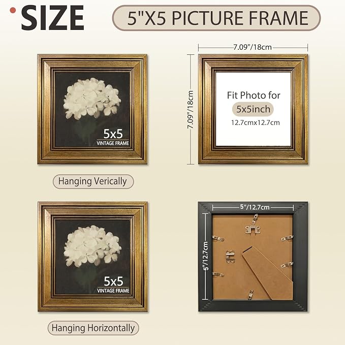 5x5 Picture Frame Vintage Gold Set of 2 for Tabletop & Wall Mount | 5 x 5 Photo Frame for Living Room, Bedroom, Office Décor & Father's Day Graduation Wedding Gift