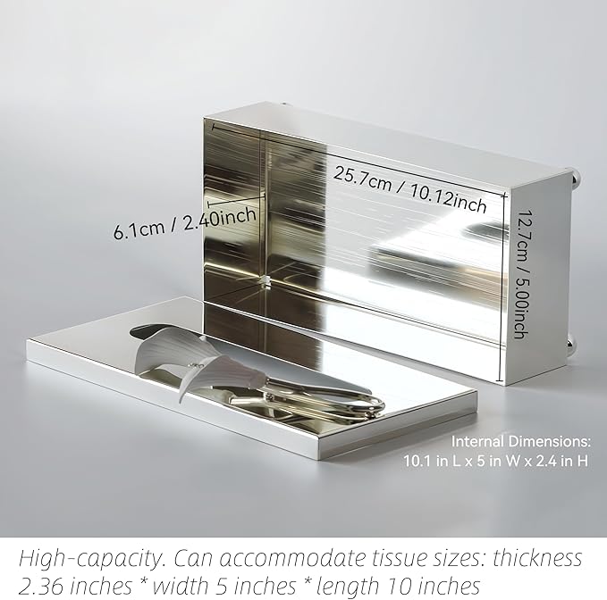 Silver Tissue Box Cover Rectangle，Guest Towel Holder Tray for Bathroom – Napkin Organizer for Disposable Paper Towels, Elegant Hand Towel Box for Powder Room,Luxurious Napkin Box for Dressing Room