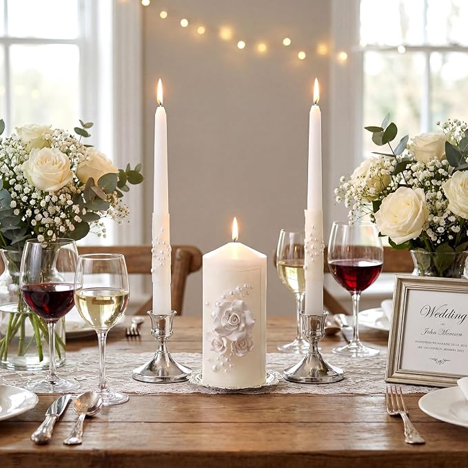 Irenare Unity Candles with Holder for Wedding Ceremony Unity Candle Set Wedding Table Decorations Accessories for Formal Events Church (Ceramic Flowers)