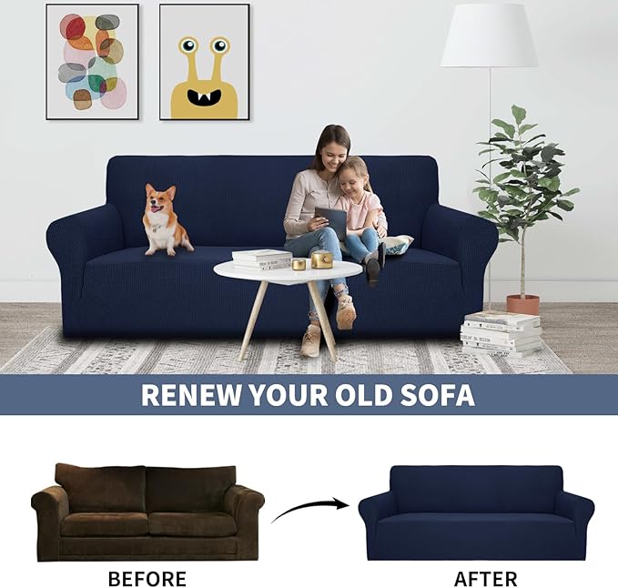 JIVINER Super Stretch Chair Slipcovers with Arms 1-Piece Jacquard Small Checks Living Room Armchair Covers Soft Anti Slip Sofa Couch Furniture Protector for Kids Pets (Navy Blue, Chair)