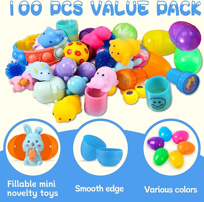 100 PCS Prefilled Easter Eggs with Toys Inside, Plastic Easter Eggs Filled with Toys Bulk for Easter Egg Hunting, Assortment Birthday Party Supplies Gifts Classroom Carnival Prizes for Boys Girls