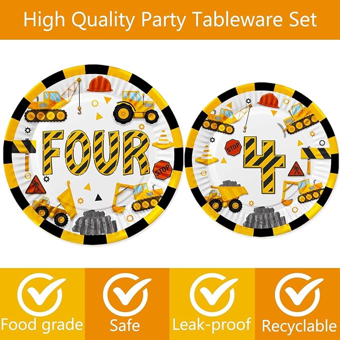 345 Pcs Construction 4th Birthday Party Supplies, Dump Truck Four Years Old Party Decorations Include Backdrop, Balloons Box, Hanging Swirls, Tablecloth, Plates, Cake Toppers, Balloons Garland Kit