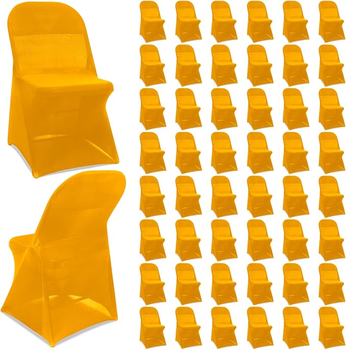 Newwiee 50 Pcs Spandex Chair Covers Bulk - Stretch Folding Flat Front Fitted Universal Chair Protector Pack Removable Washable for Wedding Party Dining Banquet Event (Gold)