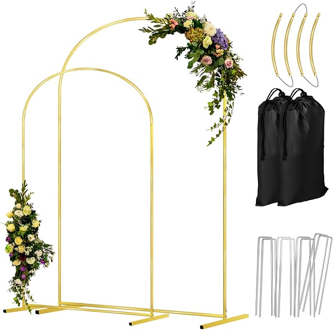 COLRASN Wedding Arch Backdrop Stand Set of 2 Gold Metal Balloon Arch Stand 7.2FT & 6.6FT Backdrop Frame for Birthday Party Wedding Ceremony Graduation Bridal Baby Shower Event Decor